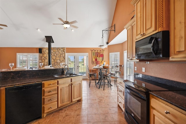 kitchen with a wood stove, a wealth of natural light, sink, and black appliances