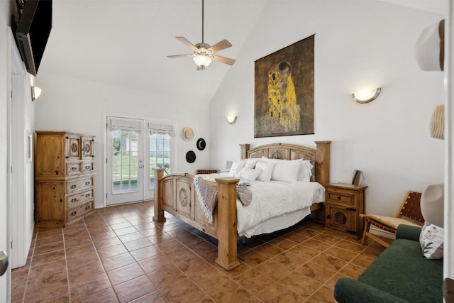 tiled bedroom featuring ceiling fan, access to exterior, and high vaulted ceiling