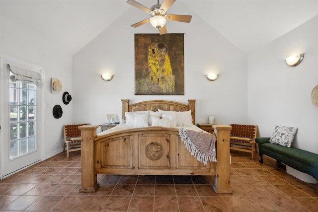 bedroom featuring high vaulted ceiling, ceiling fan, and dark tile patterned floors