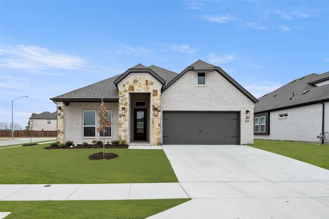 french country home featuring a garage and a front yard