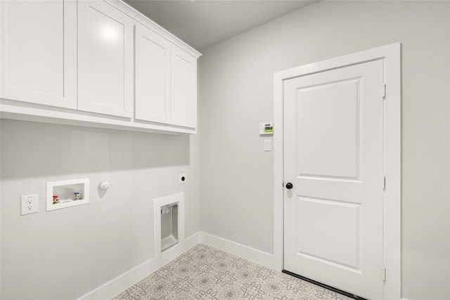 clothes washing area with cabinets, hookup for a gas dryer, electric dryer hookup, hookup for a washing machine, and light tile patterned floors