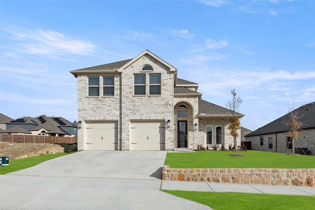 view of front of house with a garage and a front lawn