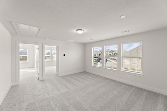 spare room featuring light colored carpet and a textured ceiling