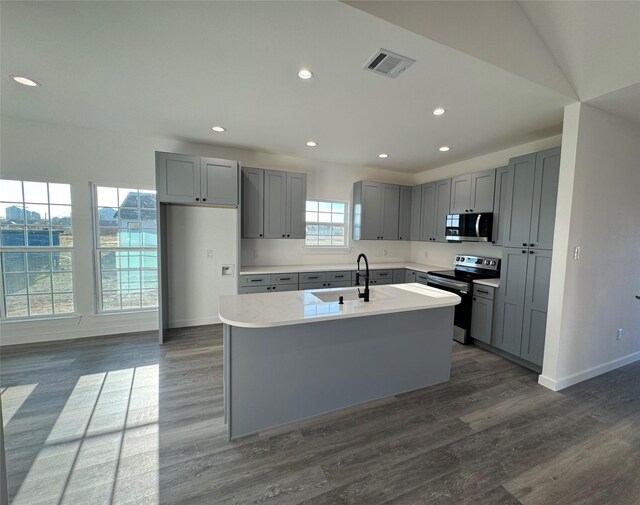 kitchen with gray cabinets, a kitchen island with sink, sink, and stainless steel appliances