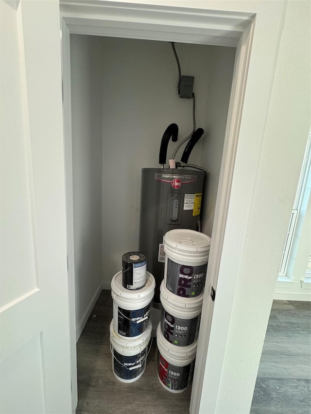 interior details with wood-type flooring and electric water heater