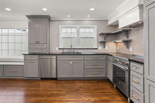 kitchen with gray cabinets, appliances with stainless steel finishes, sink, and dark hardwood / wood-style flooring