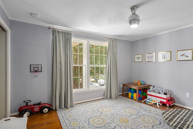 playroom featuring hardwood / wood-style flooring and crown molding