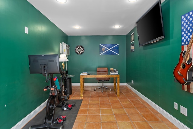 home office with tile patterned floors