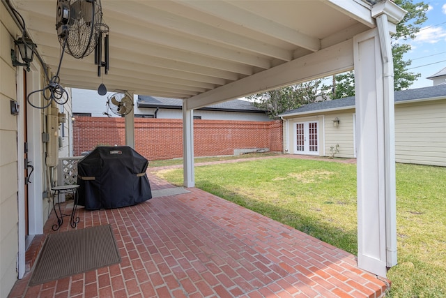 view of patio with french doors and area for grilling