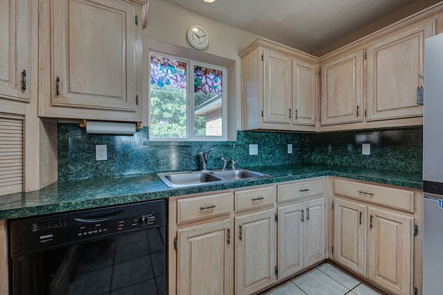 kitchen with black dishwasher, a textured ceiling, light tile patterned flooring, sink, and decorative backsplash