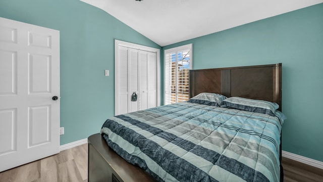 bedroom featuring lofted ceiling, hardwood / wood-style floors, and a closet