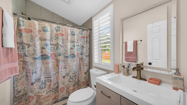 bathroom featuring toilet, vanity, a shower with shower curtain, and lofted ceiling