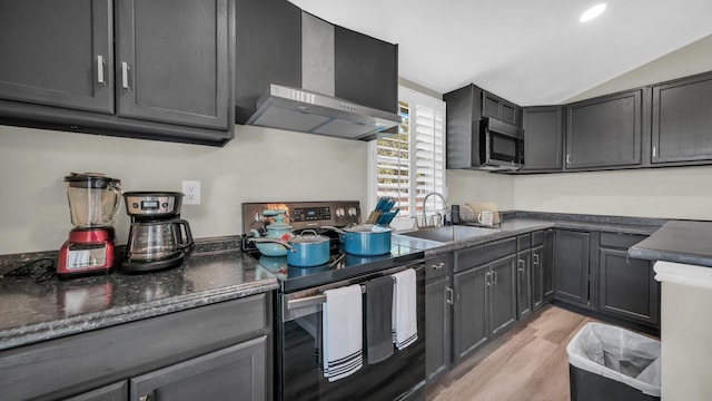 kitchen with lofted ceiling, appliances with stainless steel finishes, light wood-style floors, a sink, and wall chimney exhaust hood