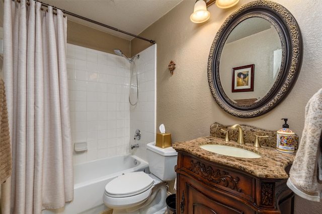 full bathroom with shower / bath combo, vanity, and toilet