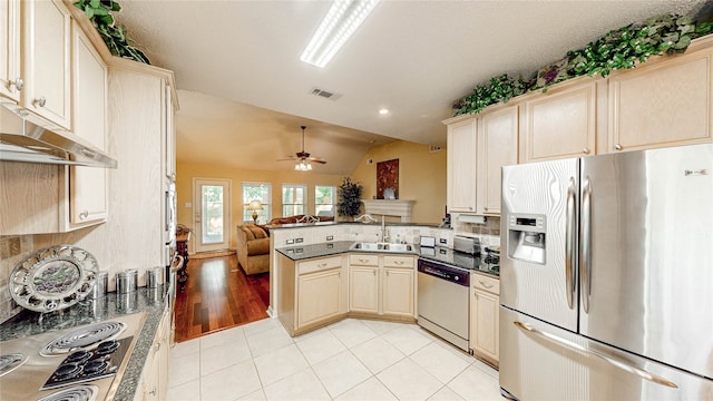 kitchen with lofted ceiling, light wood-type flooring, stainless steel appliances, sink, and kitchen peninsula