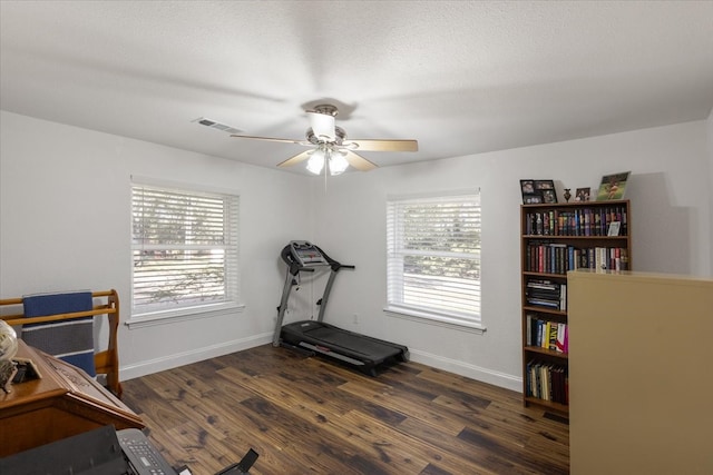 exercise area featuring a healthy amount of sunlight, dark hardwood / wood-style floors, and ceiling fan