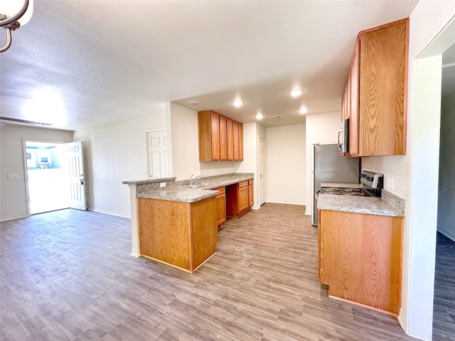 kitchen featuring kitchen peninsula, light hardwood / wood-style flooring, and stainless steel appliances