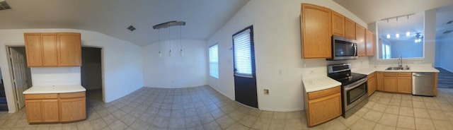 kitchen with stainless steel appliances, vaulted ceiling, a healthy amount of sunlight, and sink