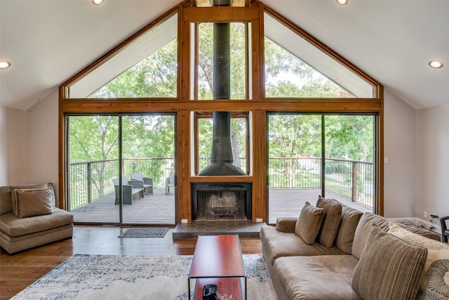 living room with wood-type flooring, high vaulted ceiling, and plenty of natural light