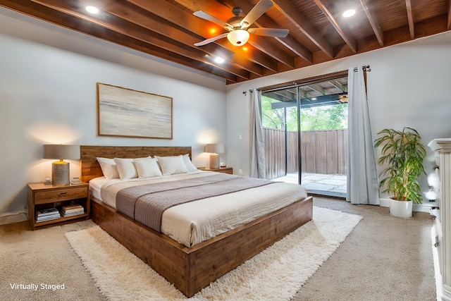 carpeted bedroom with wood ceiling, access to exterior, beamed ceiling, and ceiling fan