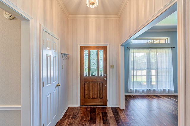 entryway with crown molding and dark hardwood / wood-style floors