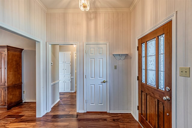 foyer featuring crown molding and dark hardwood / wood-style floors