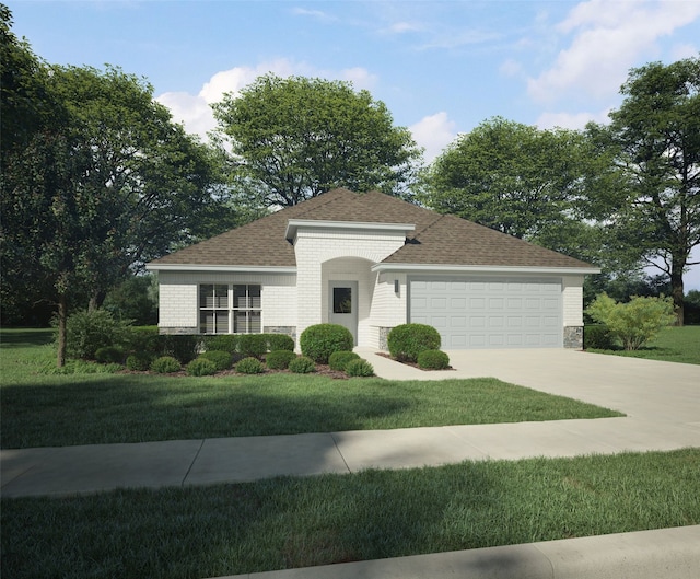 ranch-style house with driveway, stone siding, a shingled roof, a front lawn, and a garage