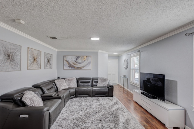 living room featuring ornamental molding, hardwood / wood-style floors, and a textured ceiling