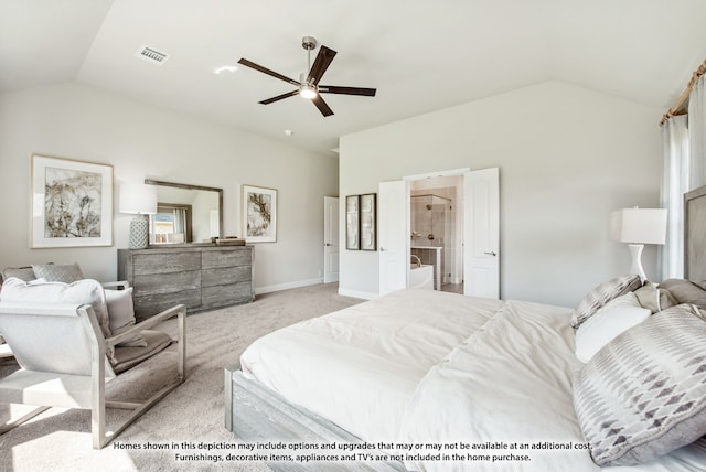 bedroom featuring light carpet, connected bathroom, vaulted ceiling, and ceiling fan