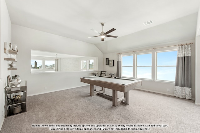 recreation room with pool table, vaulted ceiling, ceiling fan, and light carpet