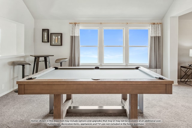 playroom featuring billiards, lofted ceiling, and carpet