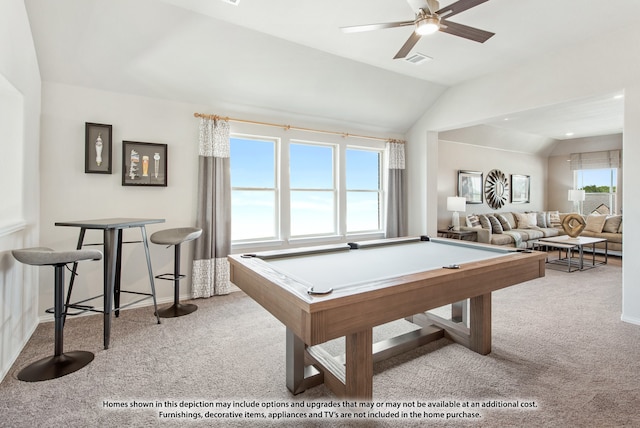 rec room with billiards, vaulted ceiling, ceiling fan, and light colored carpet