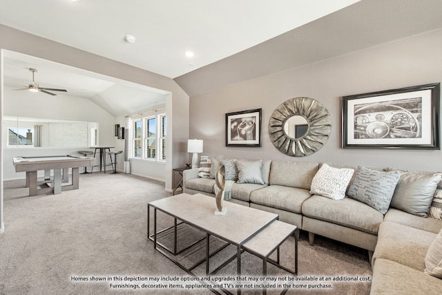 carpeted living room with lofted ceiling, ceiling fan, and billiards