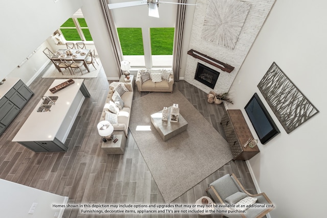 living room featuring wood-type flooring, a fireplace, and a high ceiling