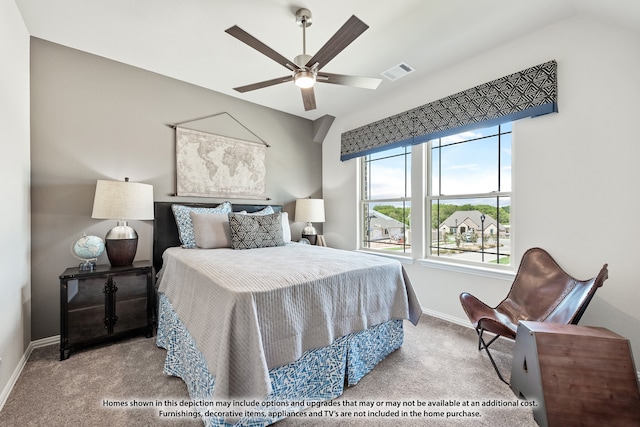 bedroom with ceiling fan, light colored carpet, and vaulted ceiling