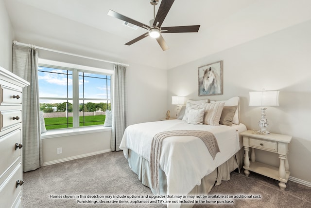 bedroom with light carpet and ceiling fan