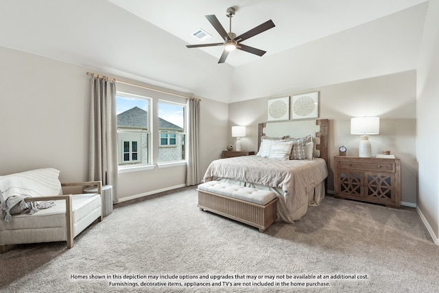 bedroom with lofted ceiling, carpet, and ceiling fan