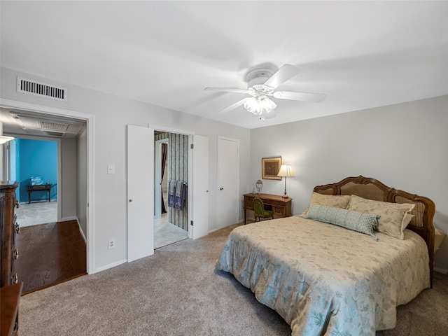 carpeted bedroom featuring ceiling fan