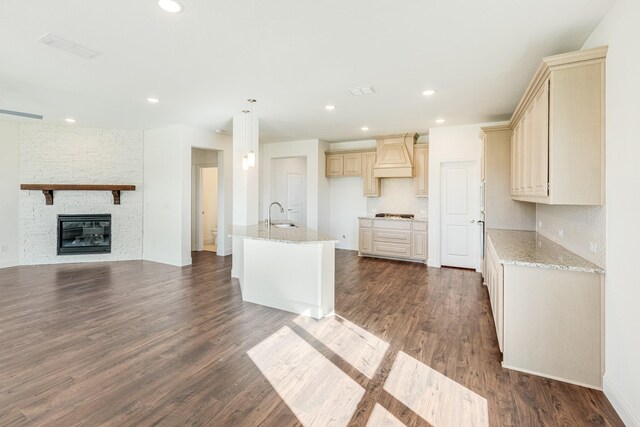 kitchen with a fireplace, dark hardwood / wood-style flooring, premium range hood, and sink