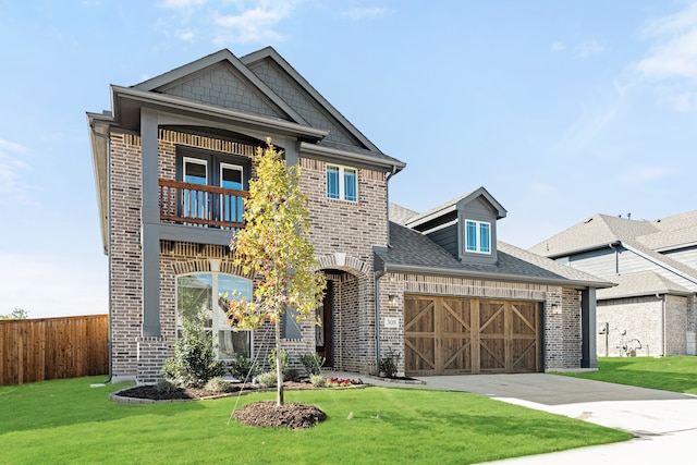 view of front of home with a balcony, a garage, and a front lawn