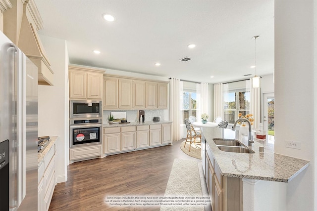 kitchen with sink, light hardwood / wood-style flooring, light stone countertops, appliances with stainless steel finishes, and decorative light fixtures