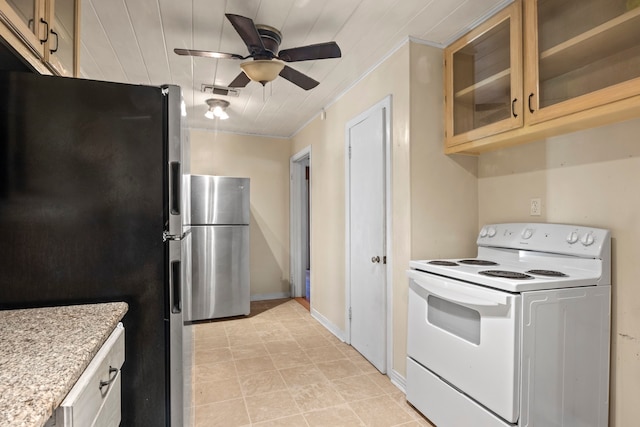 kitchen with light stone countertops, wood ceiling, stainless steel refrigerator, and white range with electric cooktop