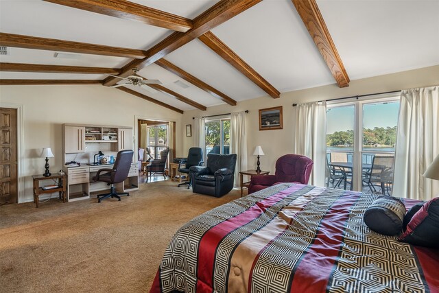 carpeted bedroom featuring vaulted ceiling with beams and ceiling fan