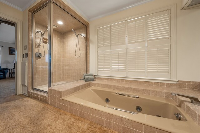 bathroom with ornamental molding and plus walk in shower