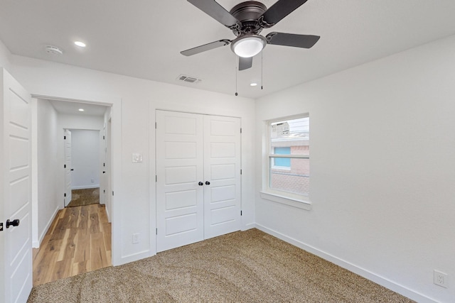 2909 Materhorn Dr, Dallas, TX 75228 - unfurnished bedroom with recessed lighting, visible vents, a closet, baseboards, and light colored carpet
