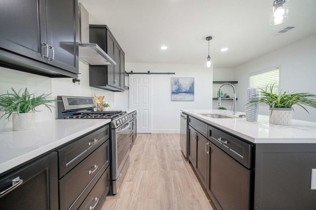 kitchen featuring sink, wall chimney exhaust hood, light hardwood / wood-style flooring, appliances with stainless steel finishes, and a barn door