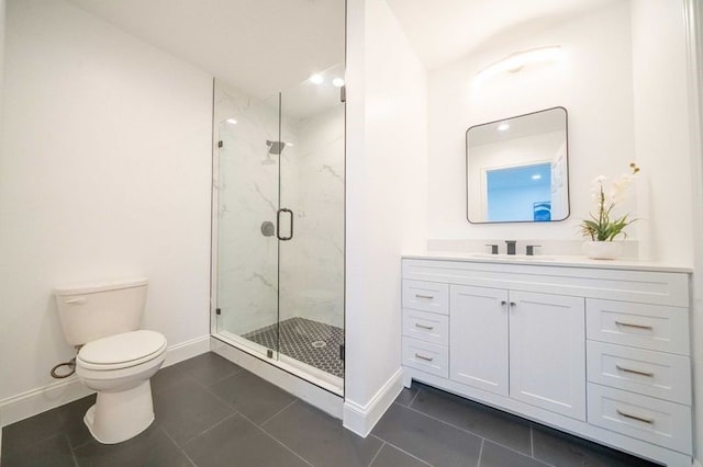 bathroom with tile patterned flooring, vanity, toilet, and an enclosed shower