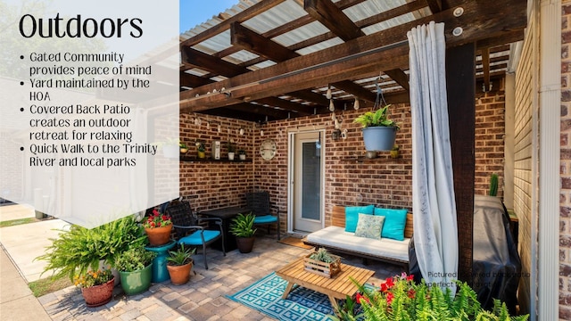 view of patio / terrace featuring outdoor lounge area and a pergola