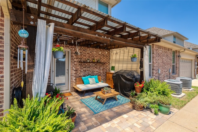 view of patio featuring a grill, a pergola, and central air condition unit