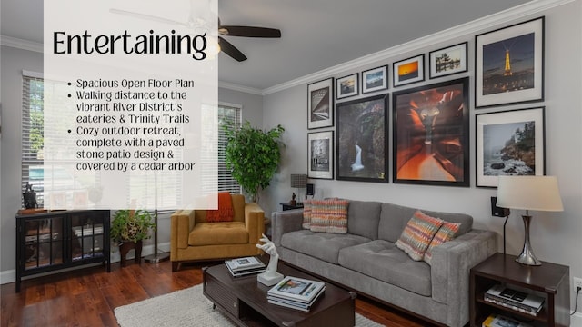 living room with crown molding, dark hardwood / wood-style flooring, and ceiling fan